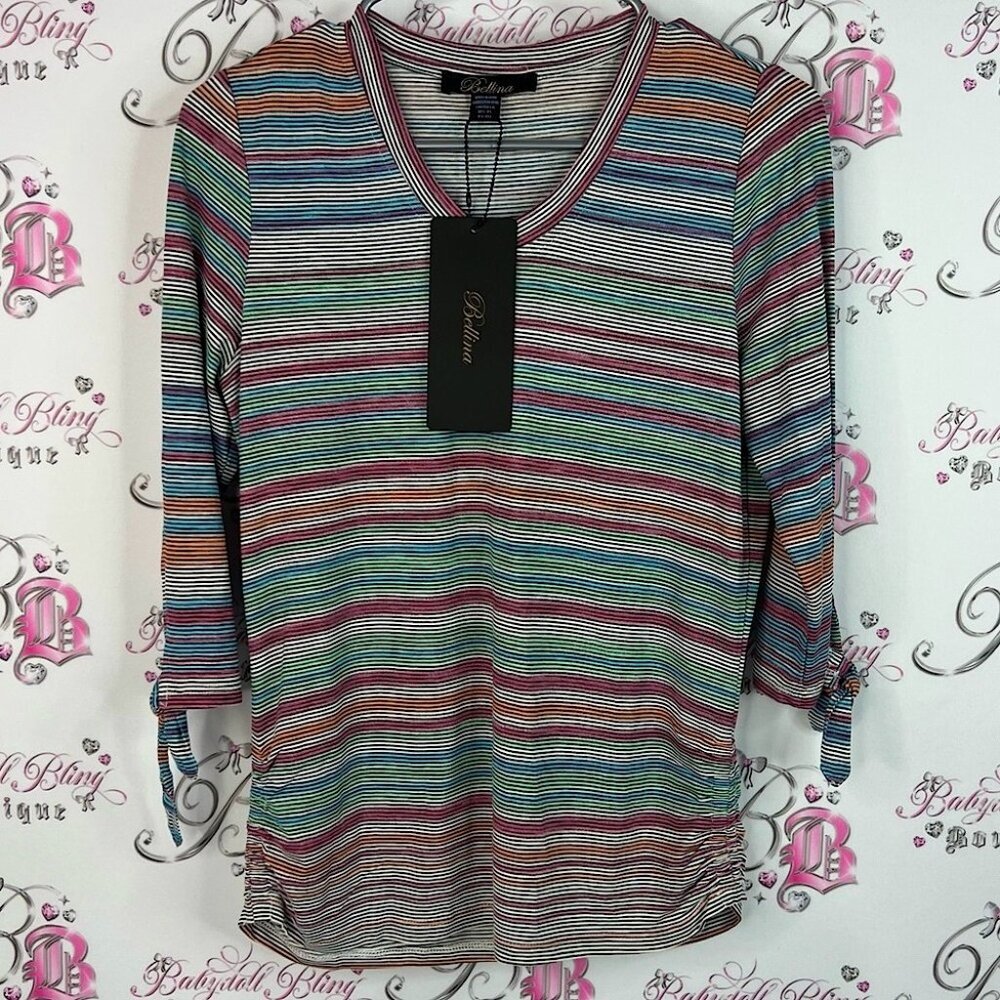 Bellinia top tie up sleeves rainbow Multicolor Striped new with tags Blouse